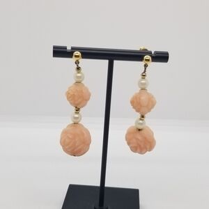 vintage pink rosette and white faux pearl drop earrings